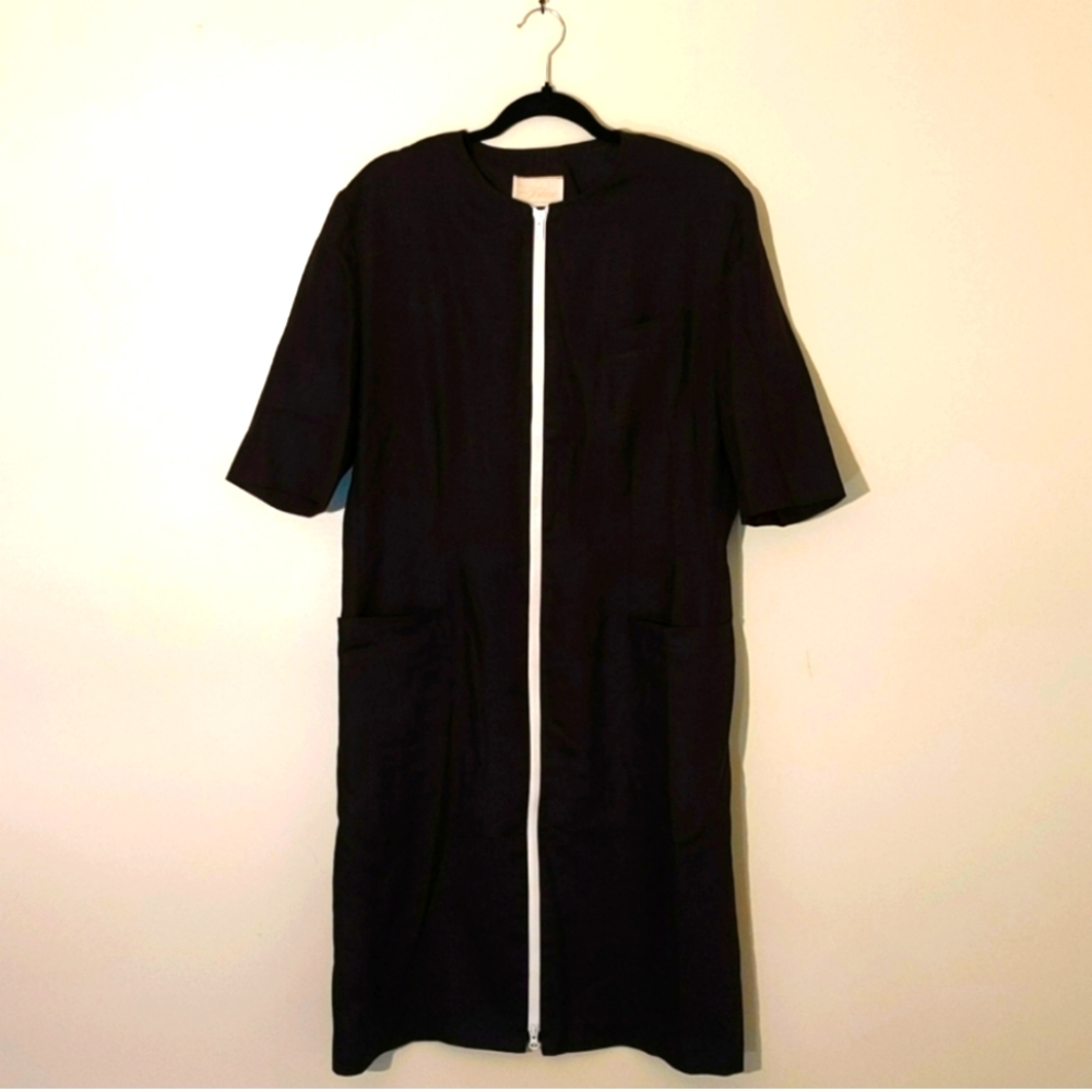 Edie Johne| Black Linen Vintage Dress Short Sleeve Pockets Zipper Front